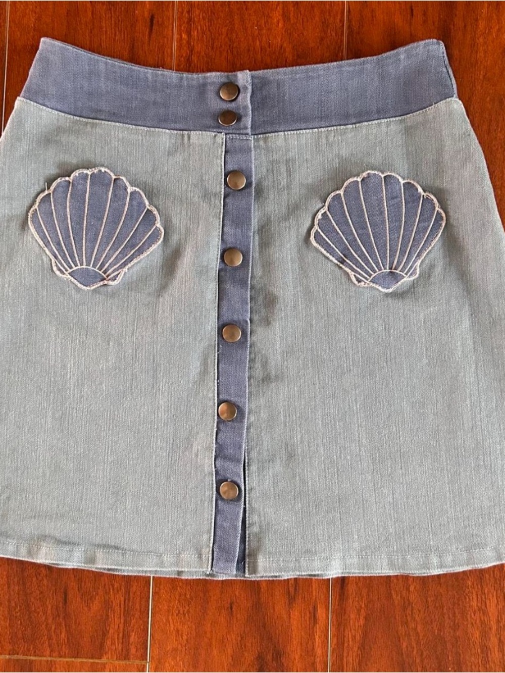 Valfre Two-Tone Light Blue Denim Shell Appliqué Button-Front Mini Skirt